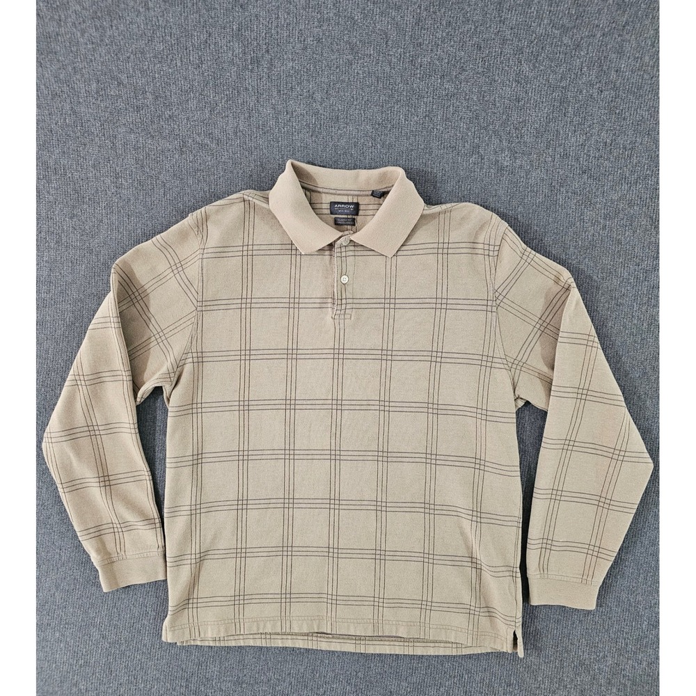 Arrow Mens Long Sleeve Polo Shirt Tan Plaid Classic Fit Large Windowpane Knit